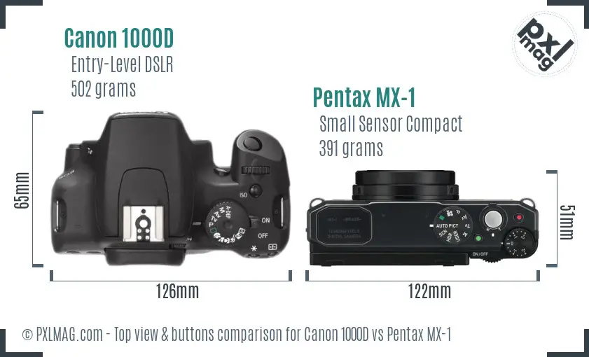 Canon 1000D vs Pentax MX-1 top view buttons comparison Canon 1000D vs Pentax MX-1 top view buttons comparison