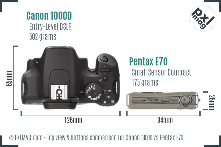Canon 1000D vs Pentax E70 top view buttons comparison
