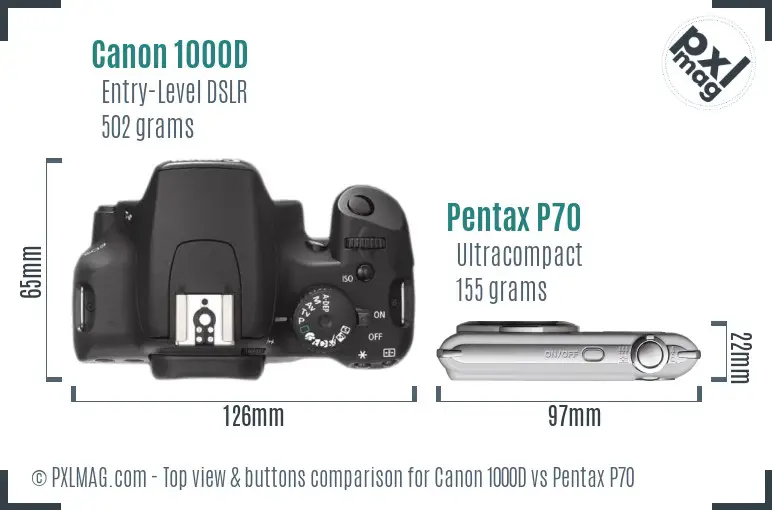 Canon 1000D vs Pentax P70 top view buttons comparison Canon 1000D vs Pentax P70 top view buttons comparison