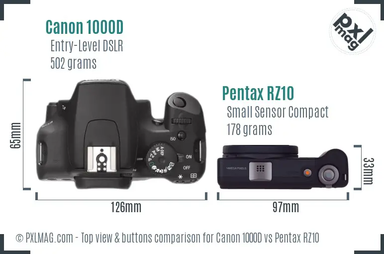 Canon 1000D vs Pentax RZ10 top view buttons comparison