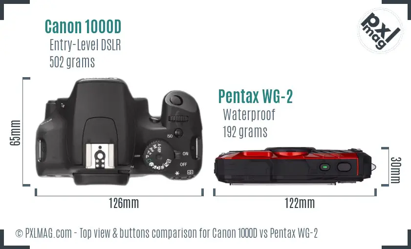 Canon 1000D vs Pentax WG-2 top view buttons comparison