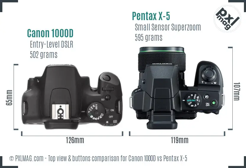 Canon 1000D vs Pentax X-5 top view buttons comparison Canon 1000D vs Pentax X-5 top view buttons comparison