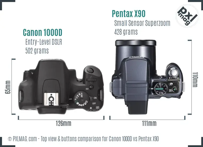 Canon 1000D vs Pentax X90 top view buttons comparison