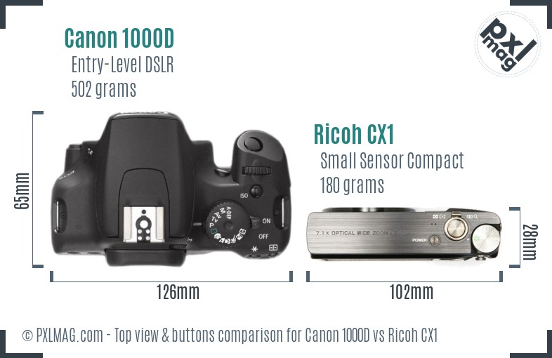 Canon 1000D vs Ricoh CX1 top view buttons comparison