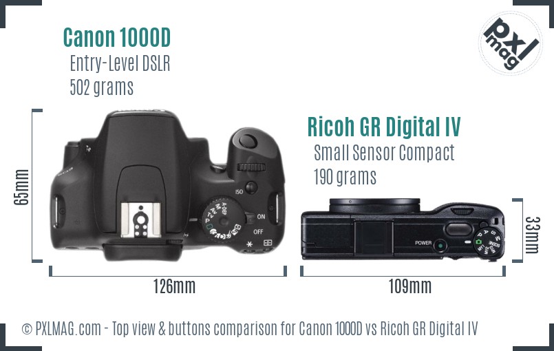 Canon 1000D vs Ricoh GR Digital IV top view buttons comparison