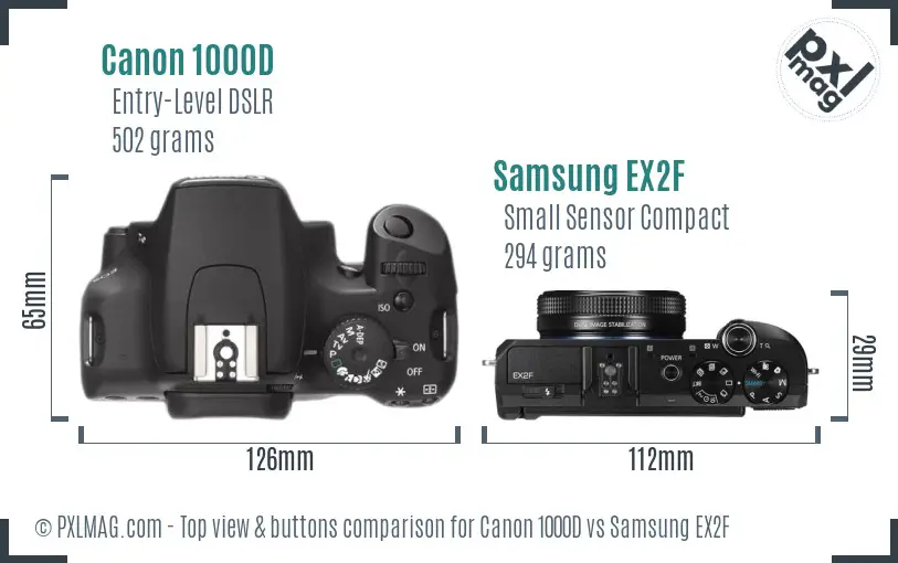 Canon 1000D vs Samsung EX2F top view buttons comparison