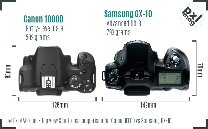 Canon 1000D vs Samsung GX-10 top view buttons comparison