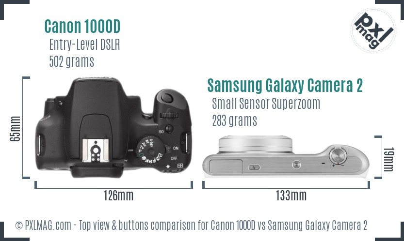 Canon 1000D vs Samsung Galaxy Camera 2 top view buttons comparison