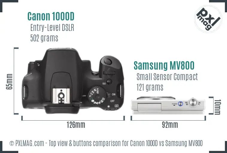 Canon 1000D vs Samsung MV800 top view buttons comparison Canon 1000D vs Samsung MV800 top view buttons comparison