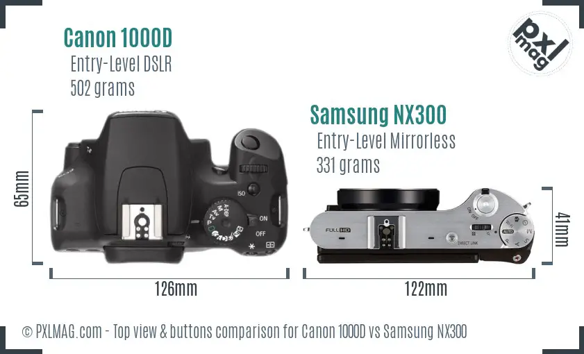 Canon 1000D vs Samsung NX300 top view buttons comparison Canon 1000D vs Samsung NX300 top view buttons comparison