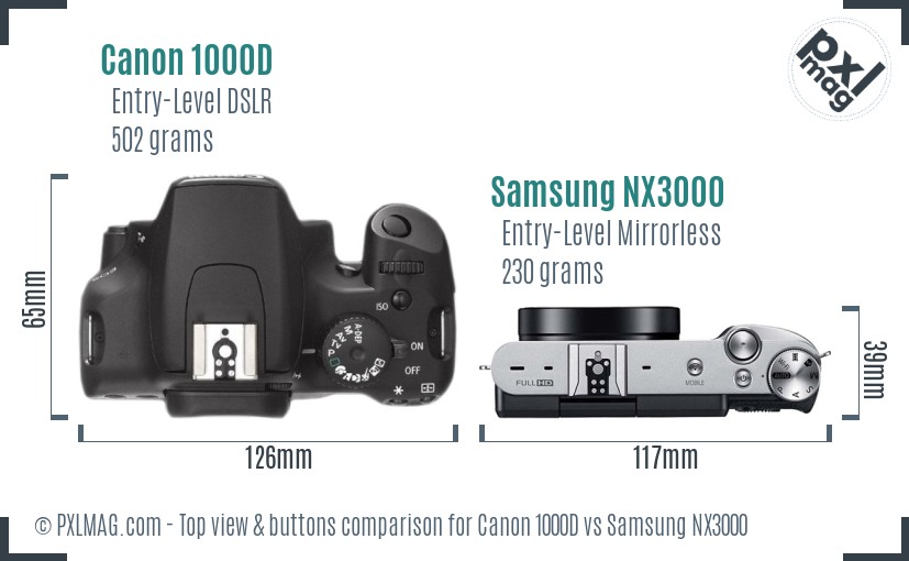 Canon 1000D vs Samsung NX3000 top view buttons comparison