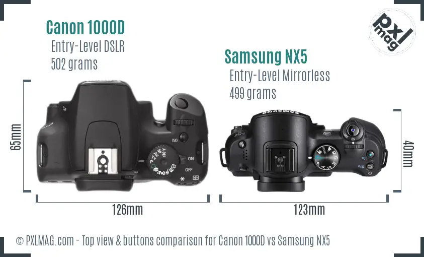 Canon 1000D vs Samsung NX5 top view buttons comparison