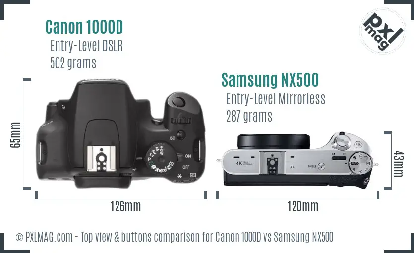 Canon 1000D vs Samsung NX500 top view buttons comparison