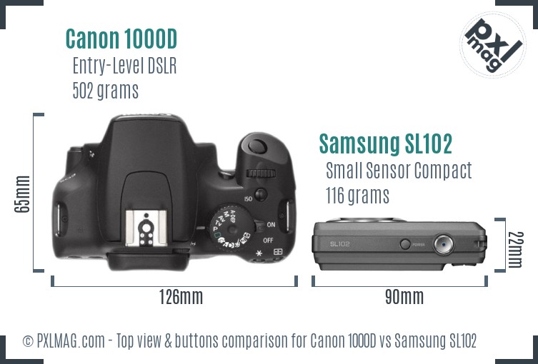Canon 1000D vs Samsung SL102 top view buttons comparison