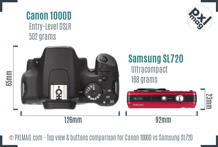 Canon 1000D vs Samsung SL720 top view buttons comparison