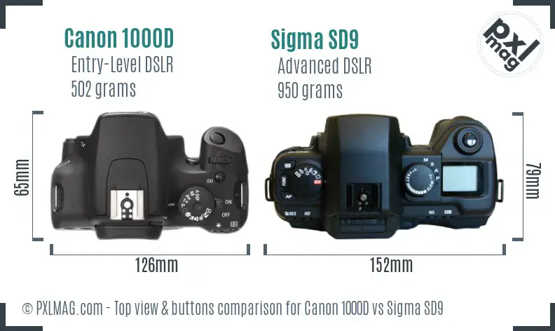 Canon 1000D vs Sigma SD9 top view buttons comparison