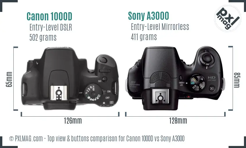 Canon 1000D vs Sony A3000 top view buttons comparison