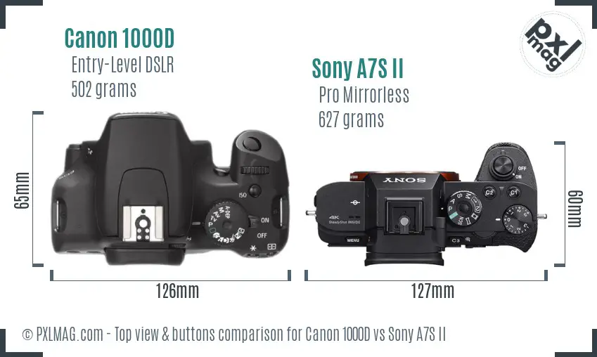 Canon 1000D vs Sony A7S II top view buttons comparison