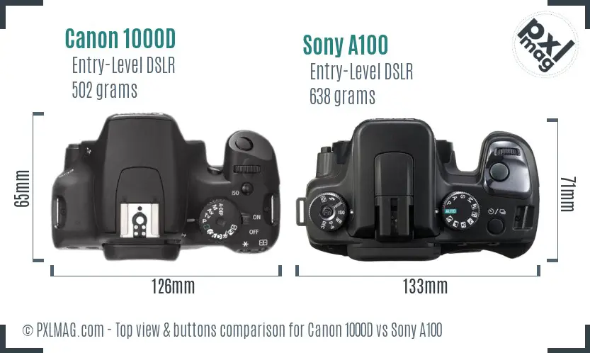 Canon 1000D vs Sony A100 top view buttons comparison