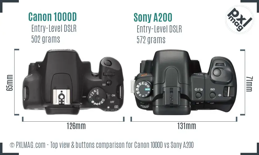 Canon 1000D vs Sony A200 top view buttons comparison