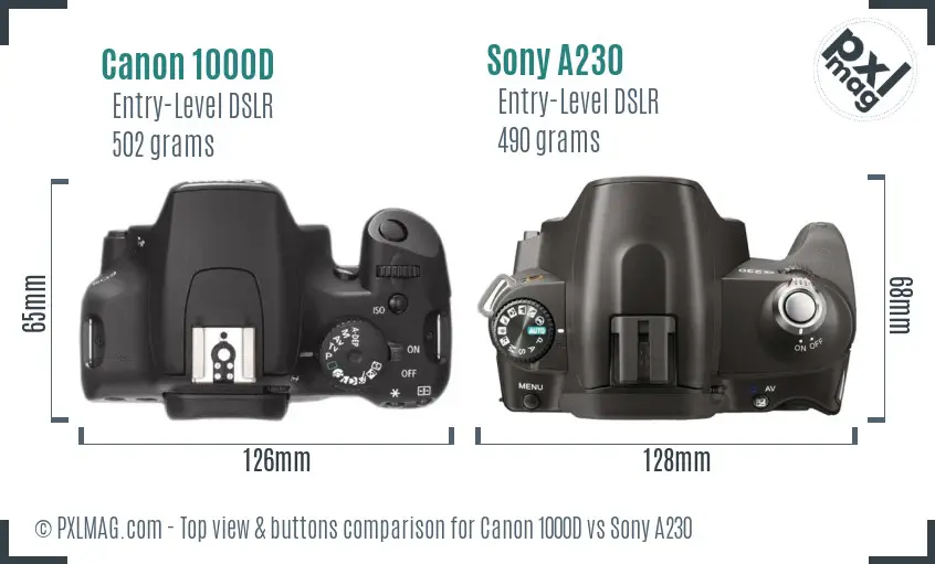 Canon 1000D vs Sony A230 top view buttons comparison