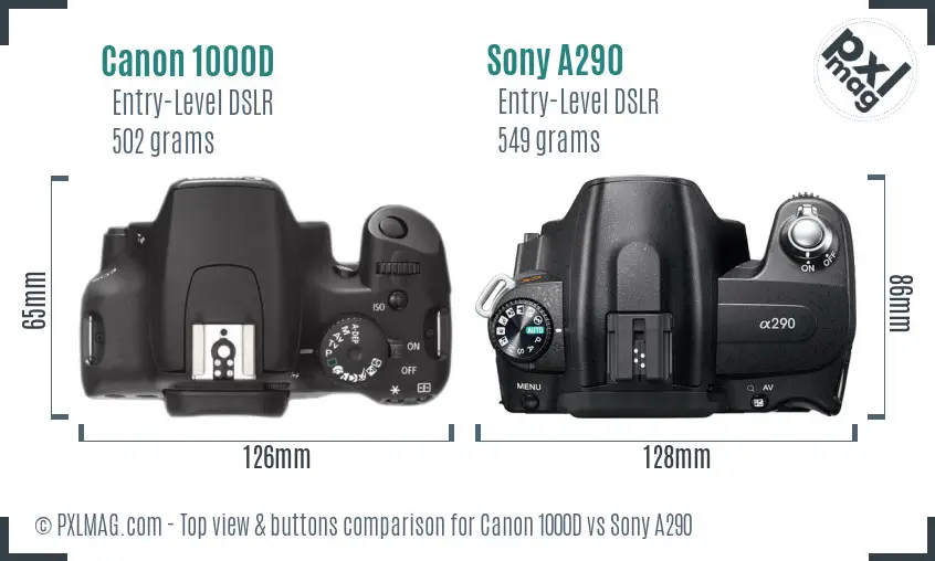 Canon 1000D vs Sony A290 top view buttons comparison