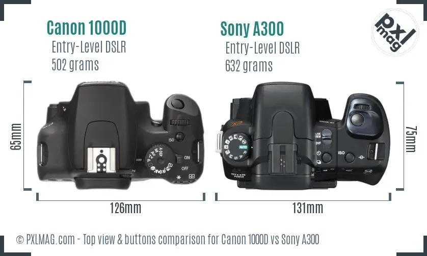 Canon 1000D vs Sony A300 top view buttons comparison