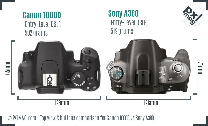 Canon 1000D vs Sony A380 top view buttons comparison