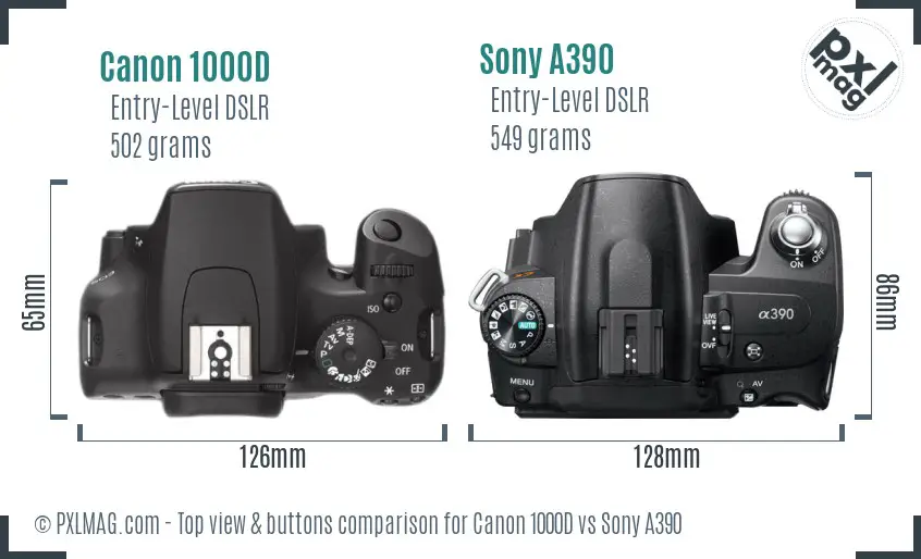 Canon 1000D vs Sony A390 top view buttons comparison