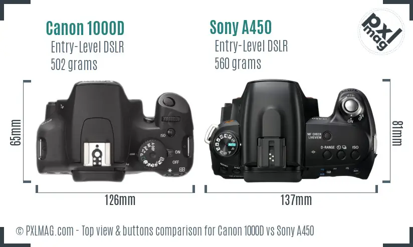 Canon 1000D vs Sony A450 top view buttons comparison
