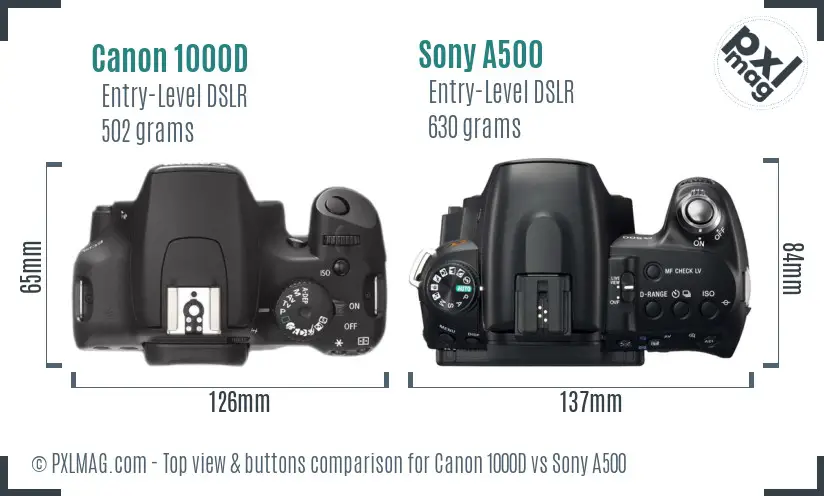 Canon 1000D vs Sony A500 top view buttons comparison