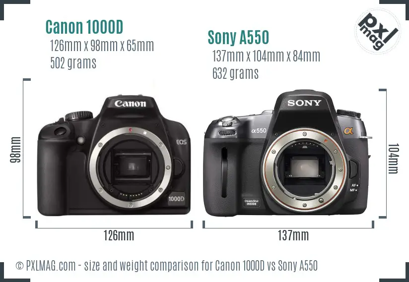 Canon 1000D vs Sony A550 size comparison