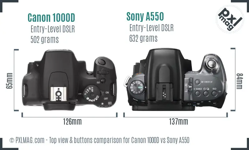 Canon 1000D vs Sony A550 top view buttons comparison