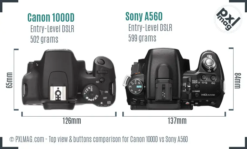 Canon 1000D vs Sony A560 top view buttons comparison