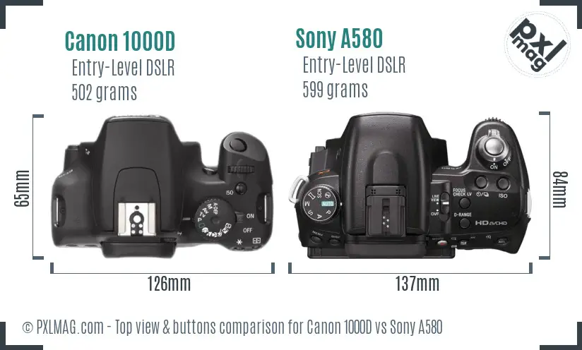 Canon 1000D vs Sony A580 top view buttons comparison