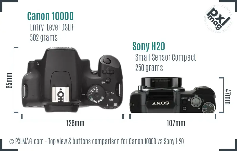 Canon 1000D vs Sony H20 top view buttons comparison Canon 1000D vs Sony H20 top view buttons comparison