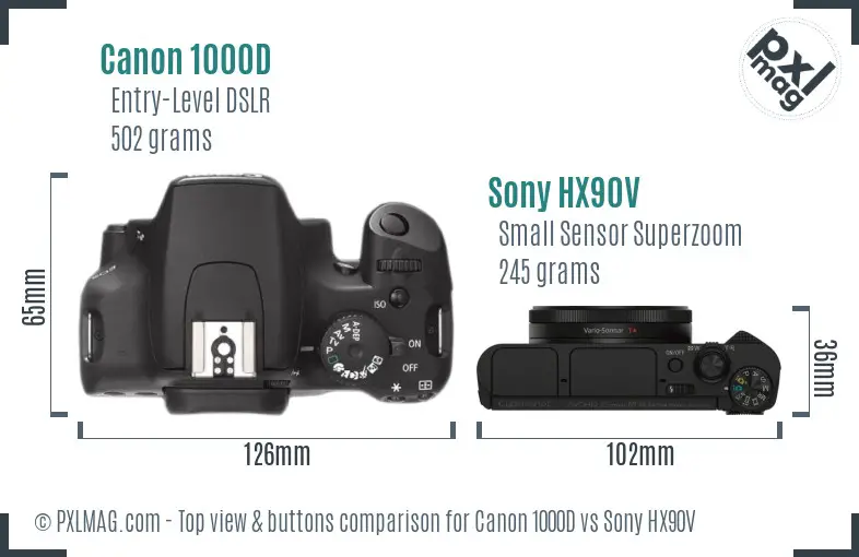 Canon 1000D vs Sony HX90V top view buttons comparison