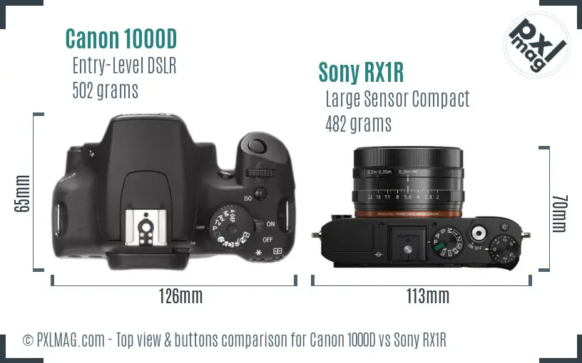 Canon 1000D vs Sony RX1R top view buttons comparison Canon 1000D vs Sony RX1R top view buttons comparison