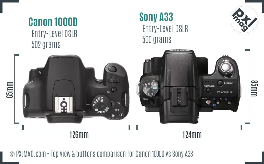 Canon 1000D vs Sony A33 top view buttons comparison