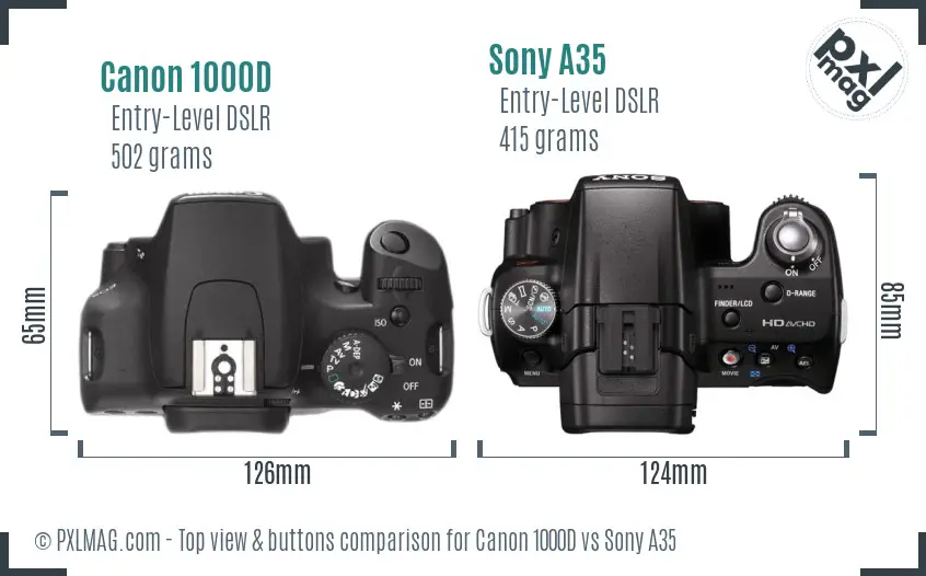 Canon 1000D vs Sony A35 top view buttons comparison