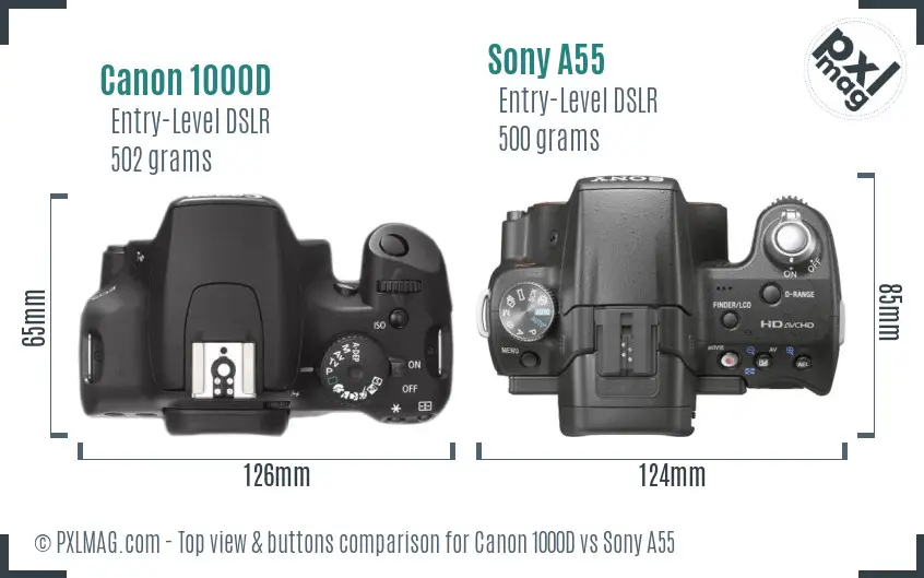 Canon 1000D vs Sony A55 top view buttons comparison