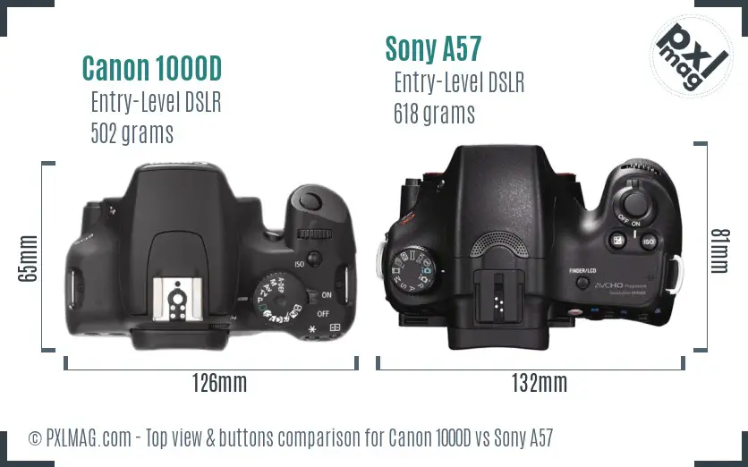 Canon 1000D vs Sony A57 top view buttons comparison