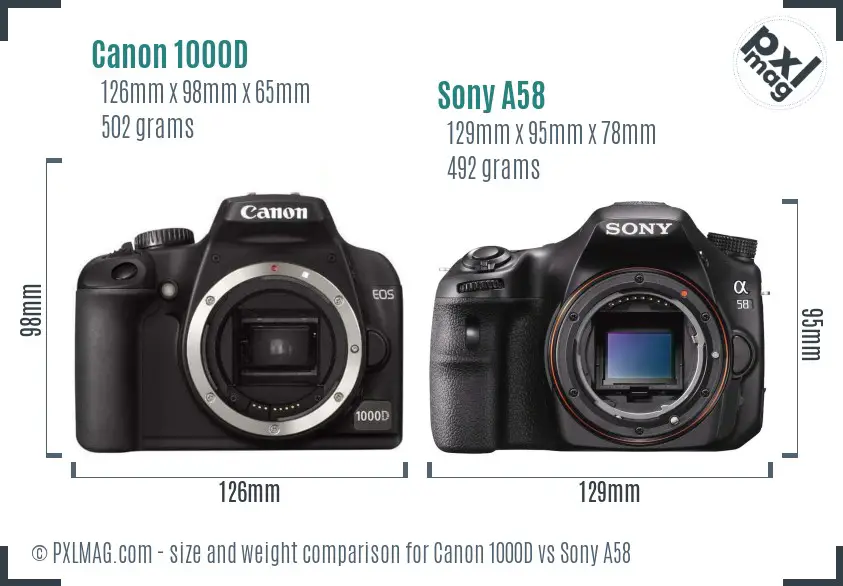 Canon 1000D vs Sony A58 size comparison