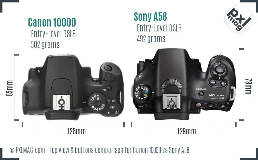 Canon 1000D vs Sony A58 top view buttons comparison