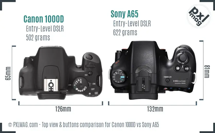 Canon 1000D vs Sony A65 top view buttons comparison
