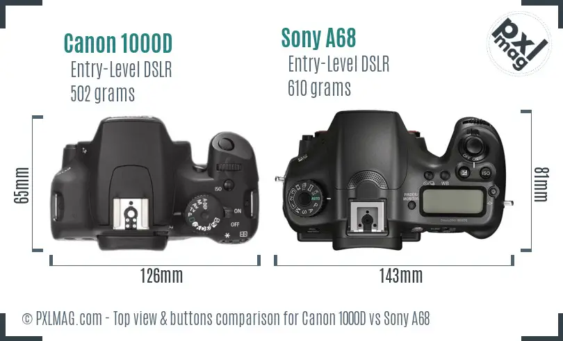Canon 1000D vs Sony A68 top view buttons comparison