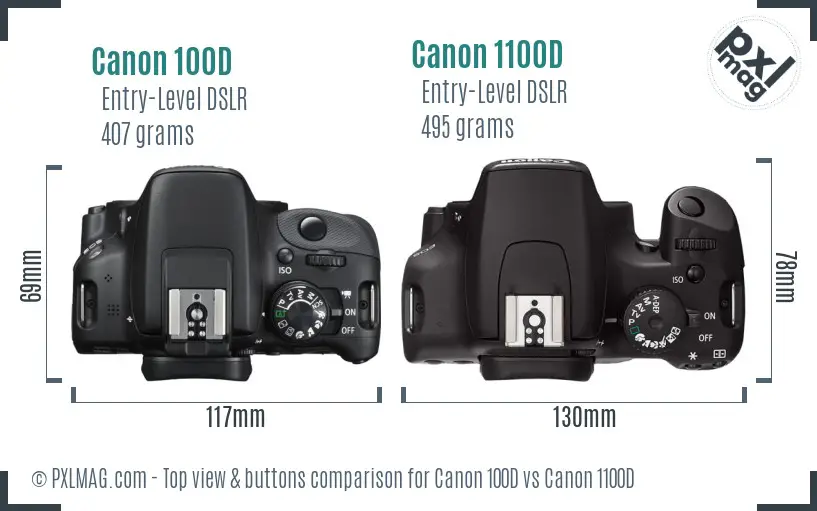 Canon 100D vs Canon 1100D top view buttons comparison