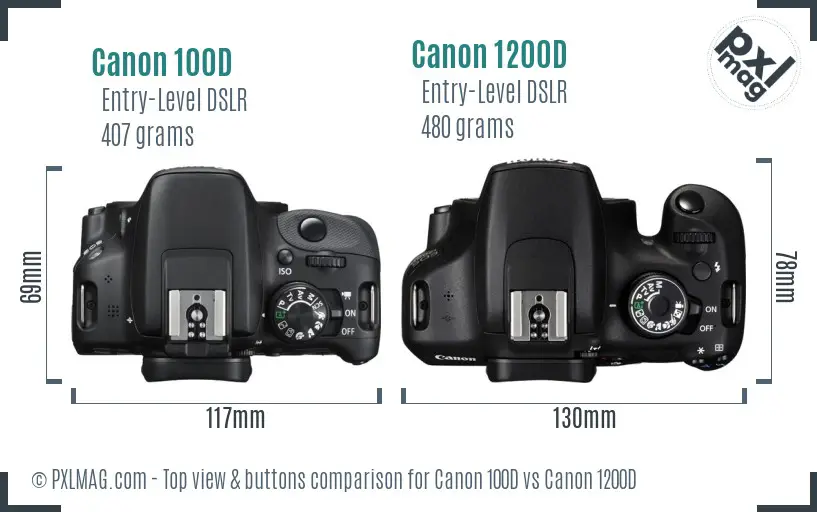 Canon 100D vs Canon 1200D top view buttons comparison