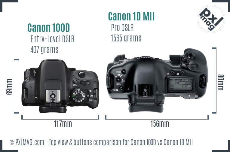 Canon 100D vs Canon 1D MII top view buttons comparison