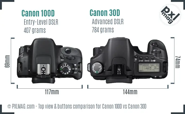 Canon 100D vs Canon 30D top view buttons comparison Canon 100D vs Canon 30D top view buttons comparison